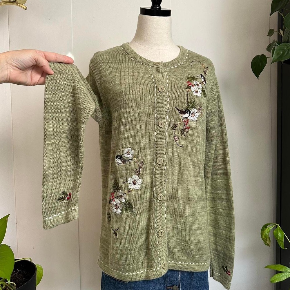 Vintage Blair Sage Green Embroidered Floral Bird Cardigan Sweater Small